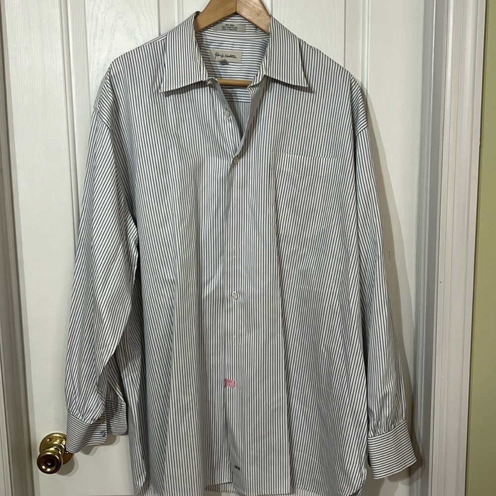 John W. Nordstrom men’s button down shirt. Size 18-35. White with blue pinstripe